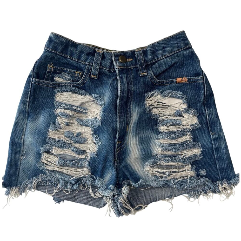 High waisted micro mini shorts size 25 dark wash distressed boho raw hem mom